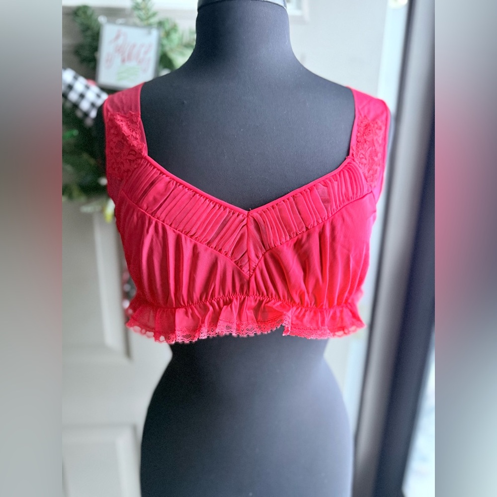Vintage Charmode unlined sheer ruched red bra top, size 36